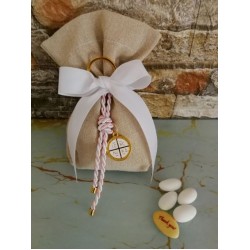 Favors keychain Byzantine cross with pouch Rustic style Baptism Wedding bomboniere Greek favors with koufeta