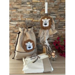 Complete set boy baptism Lion theme Keepsake bag Candle Oil set Towel set Greek baptism baby boy