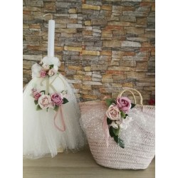 Complete set personalized Girl baptism Romantic flowers with monogram Wicker keepsake bag Candle Oil set Towel set Baby girl christening