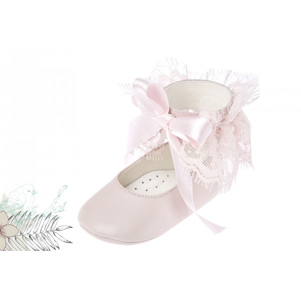 Baby girl shoes Crib shoes Toddler leather shoes Pink lace bow baptism shoes 