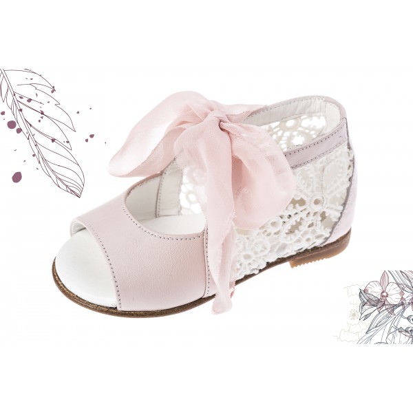 Baby girl sandals Toddler leather shoes Pink white lace baptism shoes