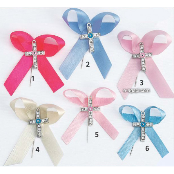 Baptism favors Greek martyrika cross evil eye witness pins boys and girls with ribbon